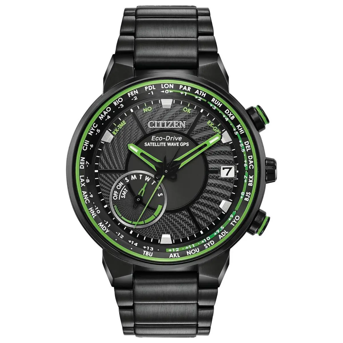 Citizen CC3035-50E Mens Eco-drive Satellite Wave Black Dial 44 mm Watch - Dial: Black, Green, Band: Black, Bezel: Black