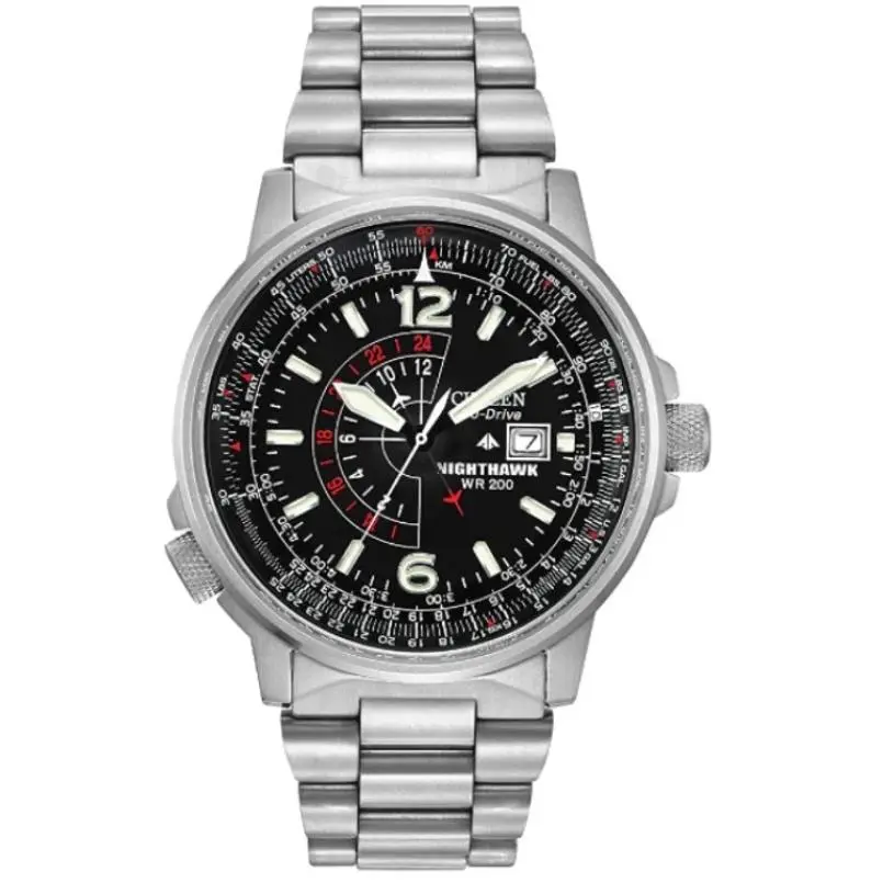 Citizen Men`s Eco-drive Promaster Air Nighthawk Pilot BJ7000-52E Watch - Dial: Black, Band: Silver, Bezel: Silver