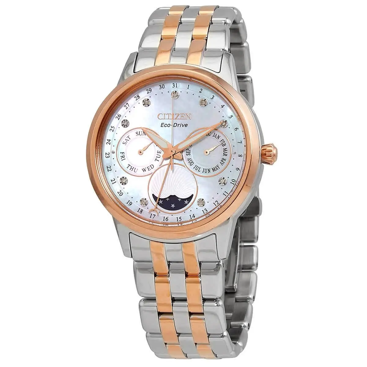 Citizen Calendrier Chronograph Diamond Eco-drive Ladies Watch FD0006-56D - White, Dial: White, Band: Silver, Pink