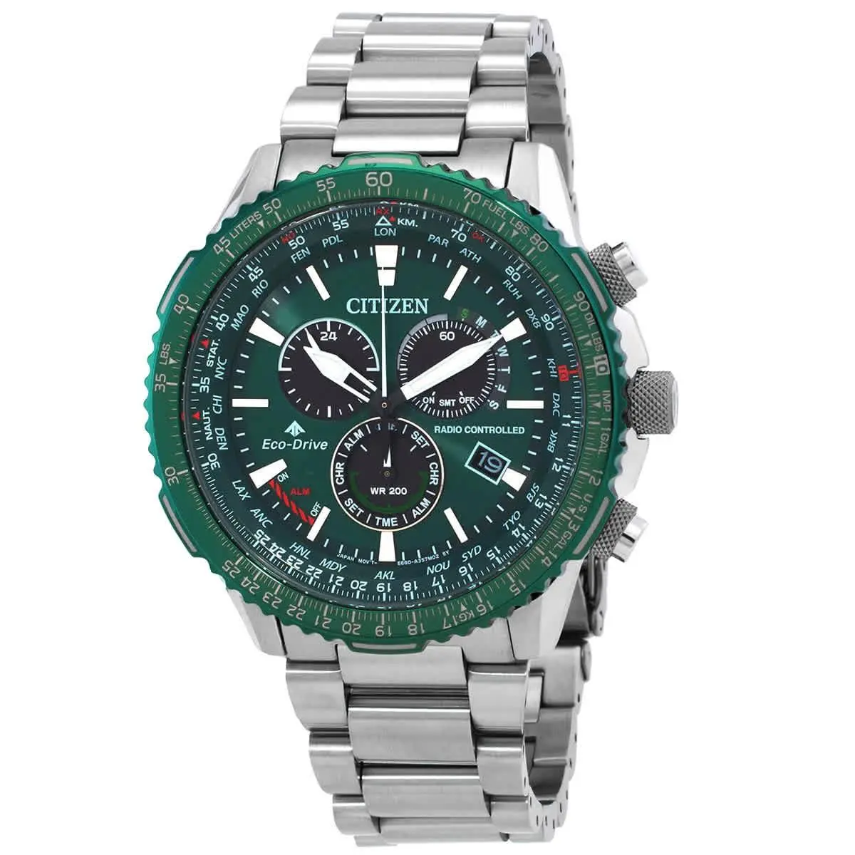 Citizen Promaster Air A-t World Time Chronograph Gmt Green Dial Men`s Watch - Green, Dial: Green, Band: Silver