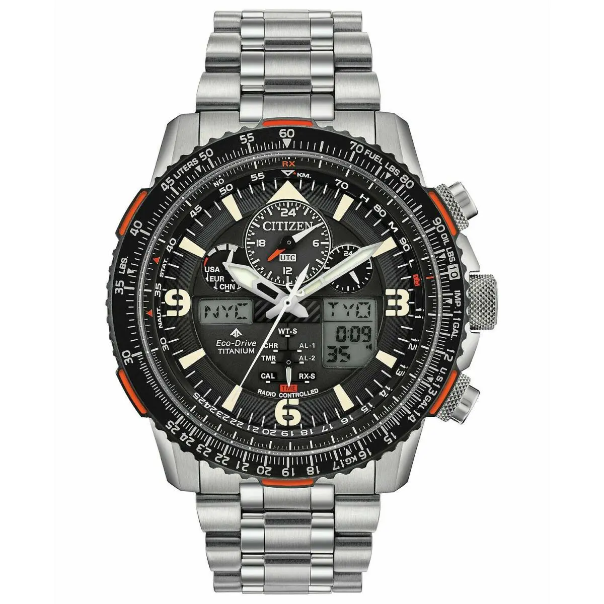 Citizen Men`s Titanium Skyhawk Eco-drive JY8108-53E - Dial: Black, Band: Silver, Bezel: Black