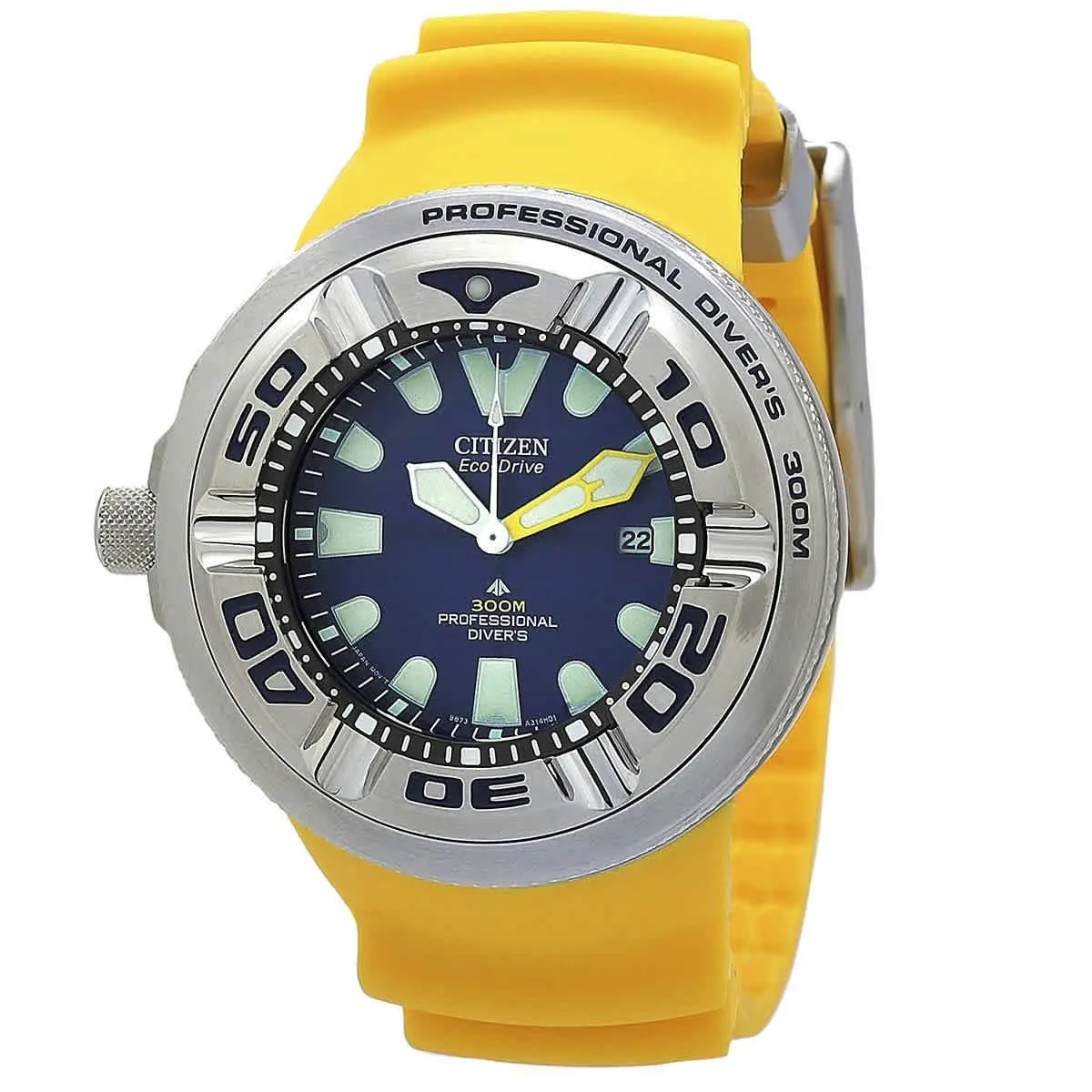 Citizen Eco Drive Promaster Dive Ecozilla 300M Polyurethane Watch BJ8058-06L - Dial: Blue, Band: Yellow, Bezel: Silver