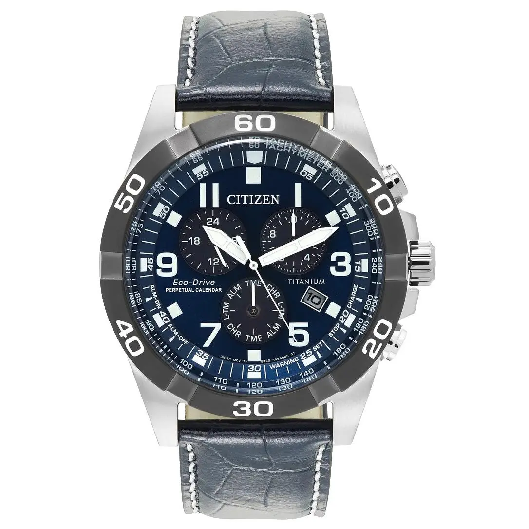 Citizen Brycen Chronograph BL5558-07L Blue Dial Leather Strap 43MM Mens Watch