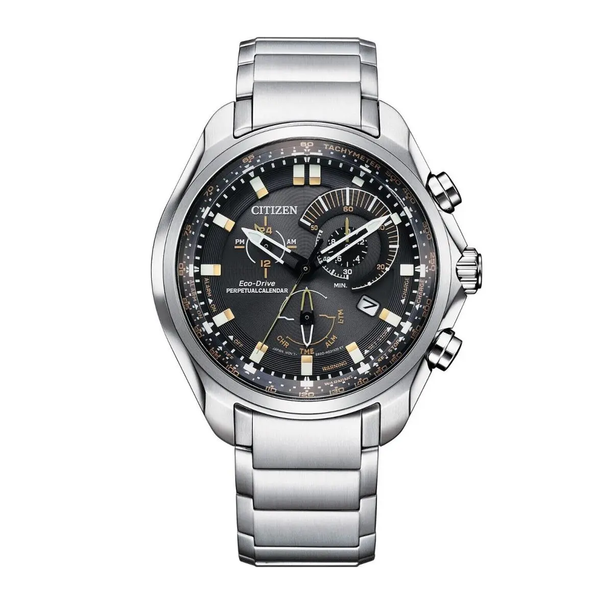 Citizen Men`s Sport Chronograph Calendar Eco Drive Silver Watch 43 MM BL5600-53E - Dial: Black, Band: Silver, Bezel: Silver