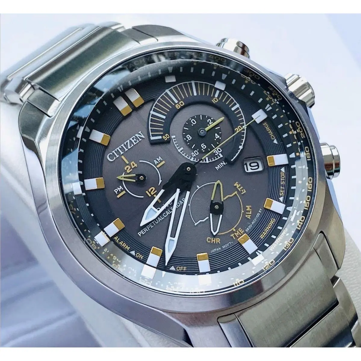 Citizen Chronograph Perpetual Calendar Sapphire Crystal Sports Watch BL5600-53E - Dial: Black, Band: Silver, Bezel: Silver
