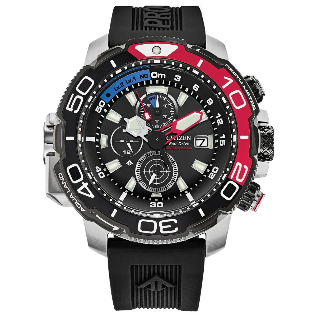 Citizen Eco-drive Promaster Aqualand Chronograph Men`s Watch BJ2167-03E - Dial: Black, Band: Black, Bezel: Black, Red
