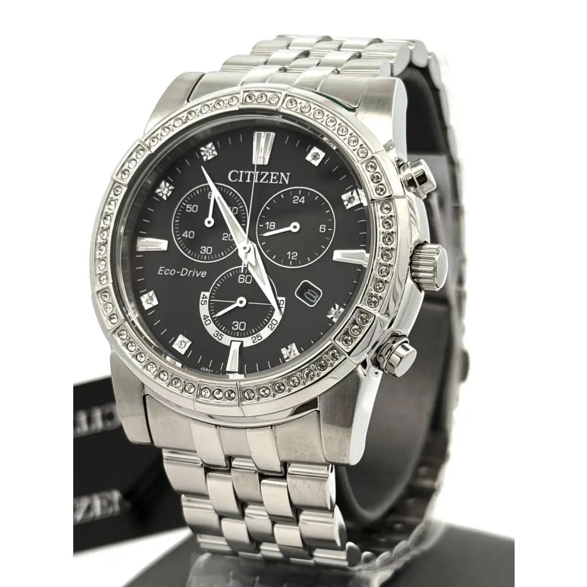 Citizen Crystal Black Dial 42mm Stainless Steel Watch AT2450-58E Box/card
