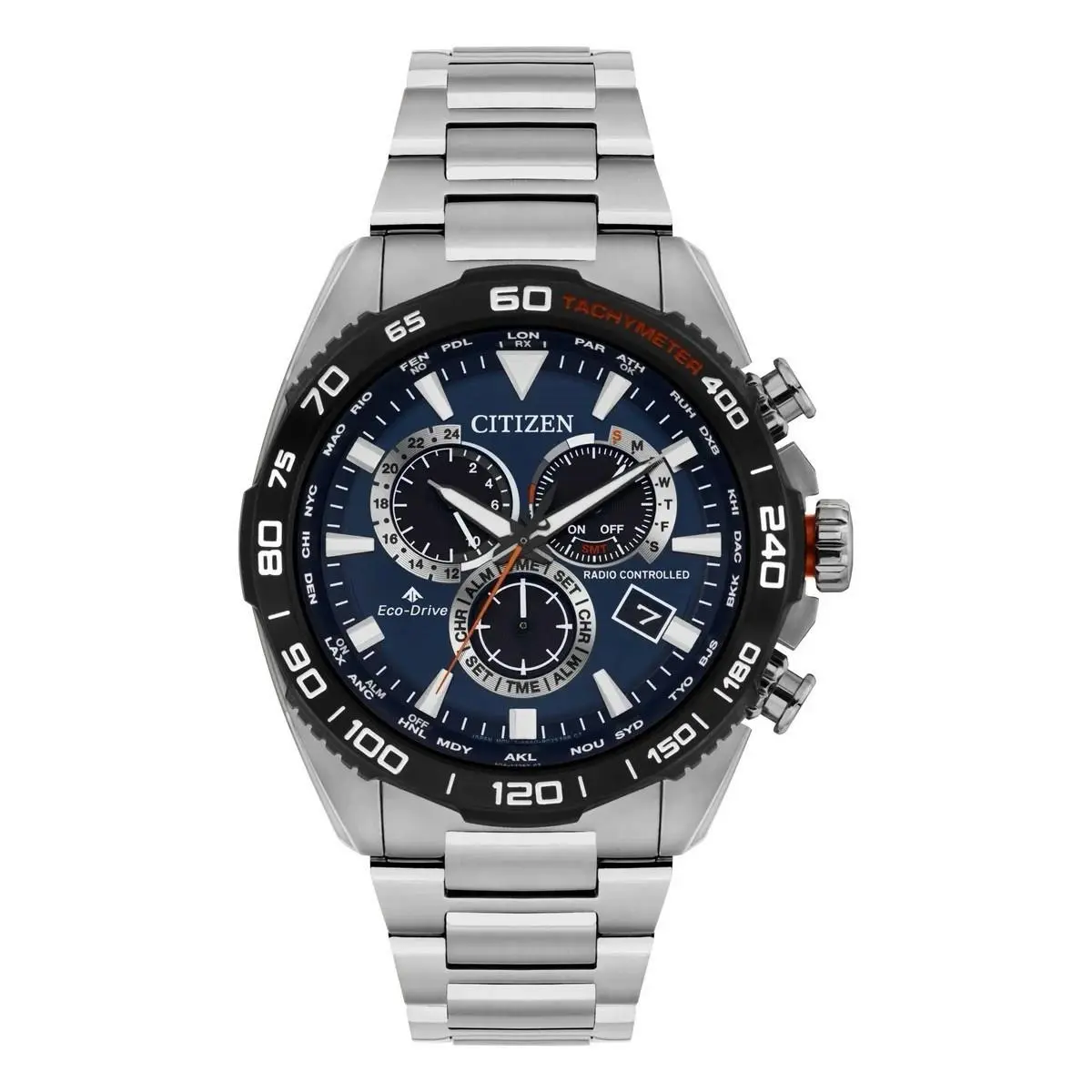 Citizen Men`s Promaster Motor Sport 45mm Eco-drive Chronograph Watch CB5034-58L - Dial: Blue, Band: Silver Tone, Other Dial: Blue