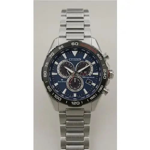 Citizen Men`s Promaster Tachymeter Eco-drive Chronograph Watch CB5034-58L - Dial: Blue, Band: Silver Tone, Silver, Bezel: Black
