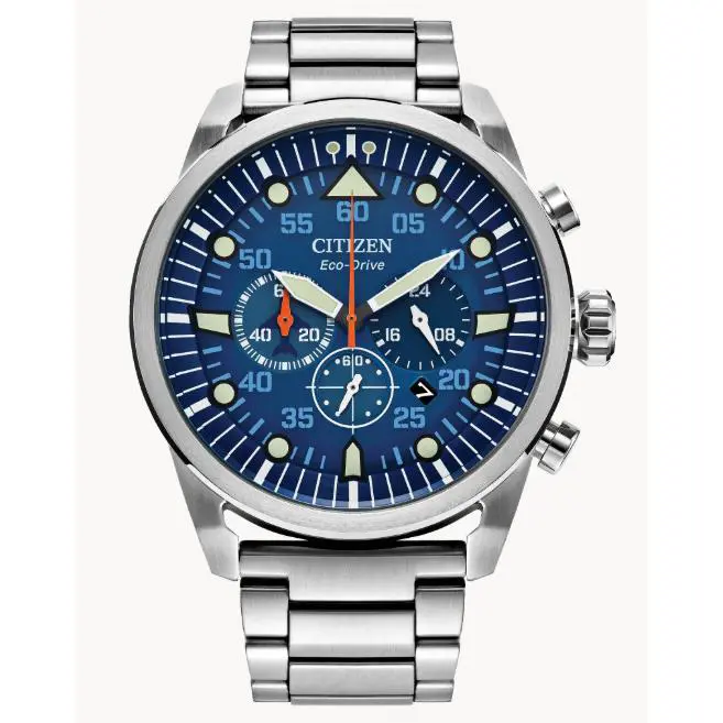 Citizen CA4211-72L Men`s Avion Chronograph Watch Eco-drive Weekender 45MM - Dial: Blue, Band: Silver, Bezel: Silver