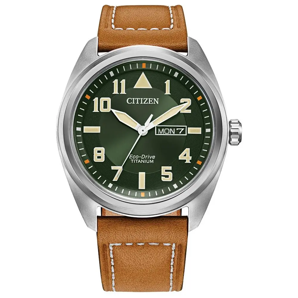 Citizen Garrison Eco-drive Green Dial Mens Watch BM8560-02X - Dial: Green, Band: Brown, Bezel: Silver