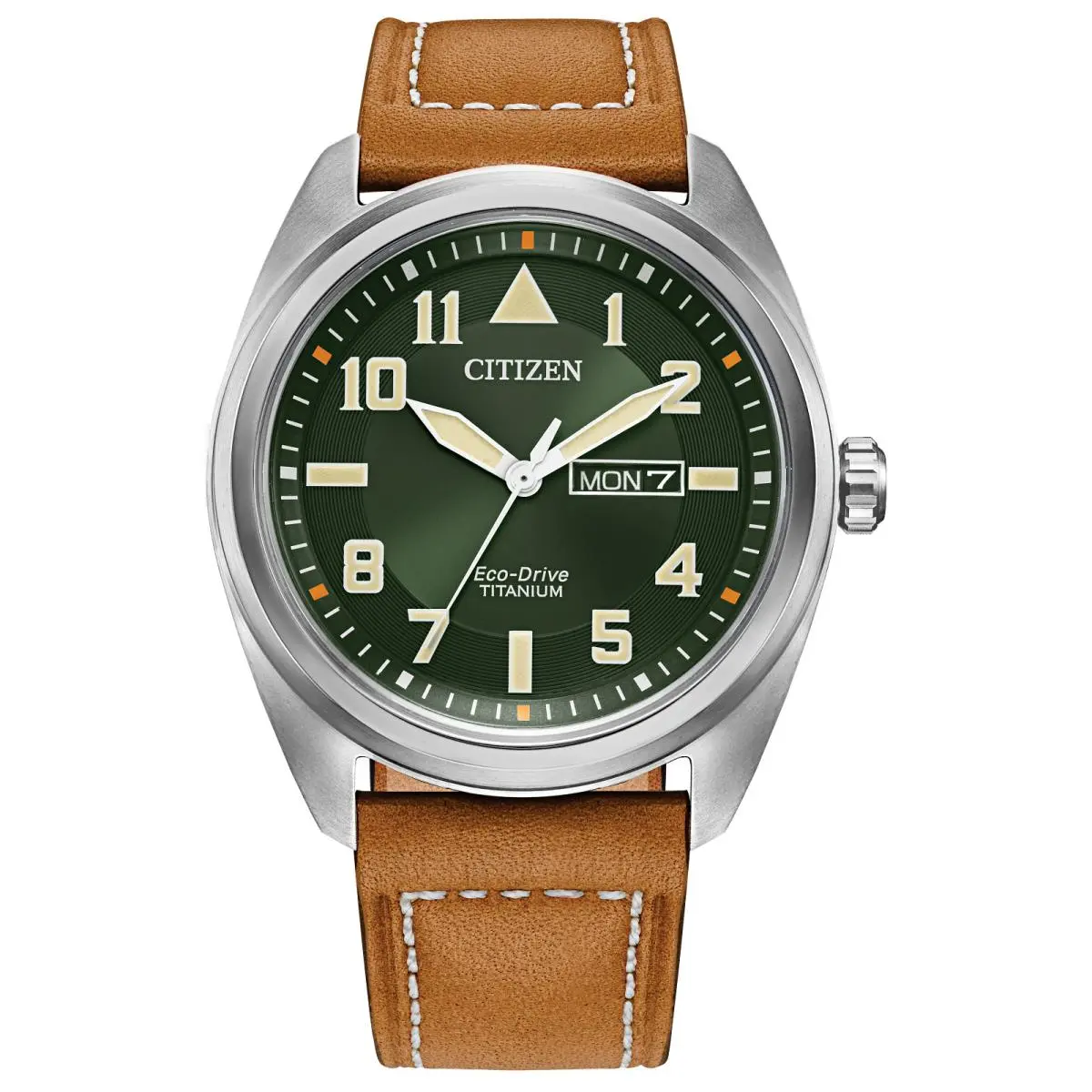 Citizen Eco Drive Garrison Green Dial Super Titanium Leather Strap BM8560-02X - Dial: Green, Band: Brown, Bezel: Silver
