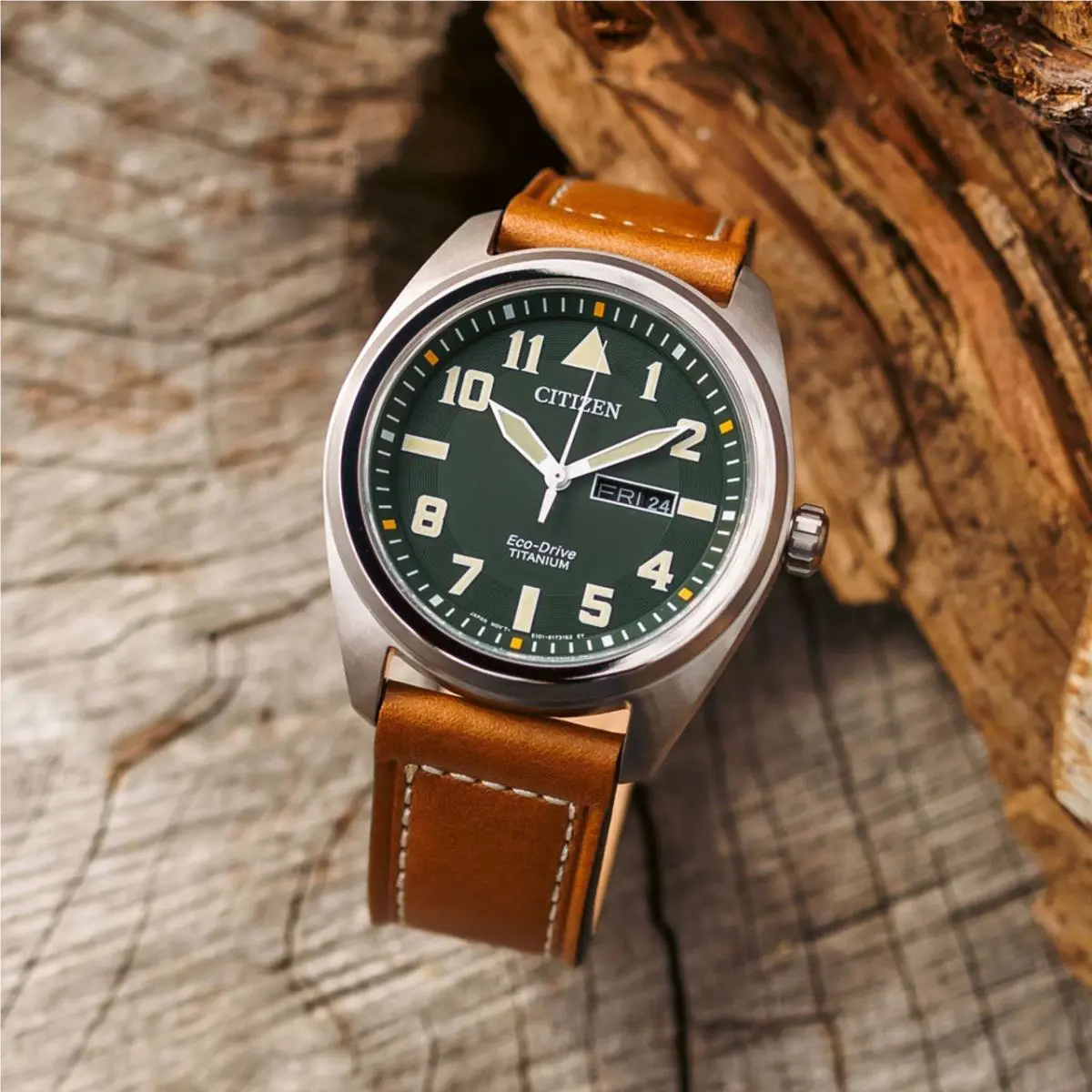 Citizen Eco-drive Avion Super Titanium Green Dial Men`s Watch BM8560-02X - Green, Dial: Green, Band: Brown