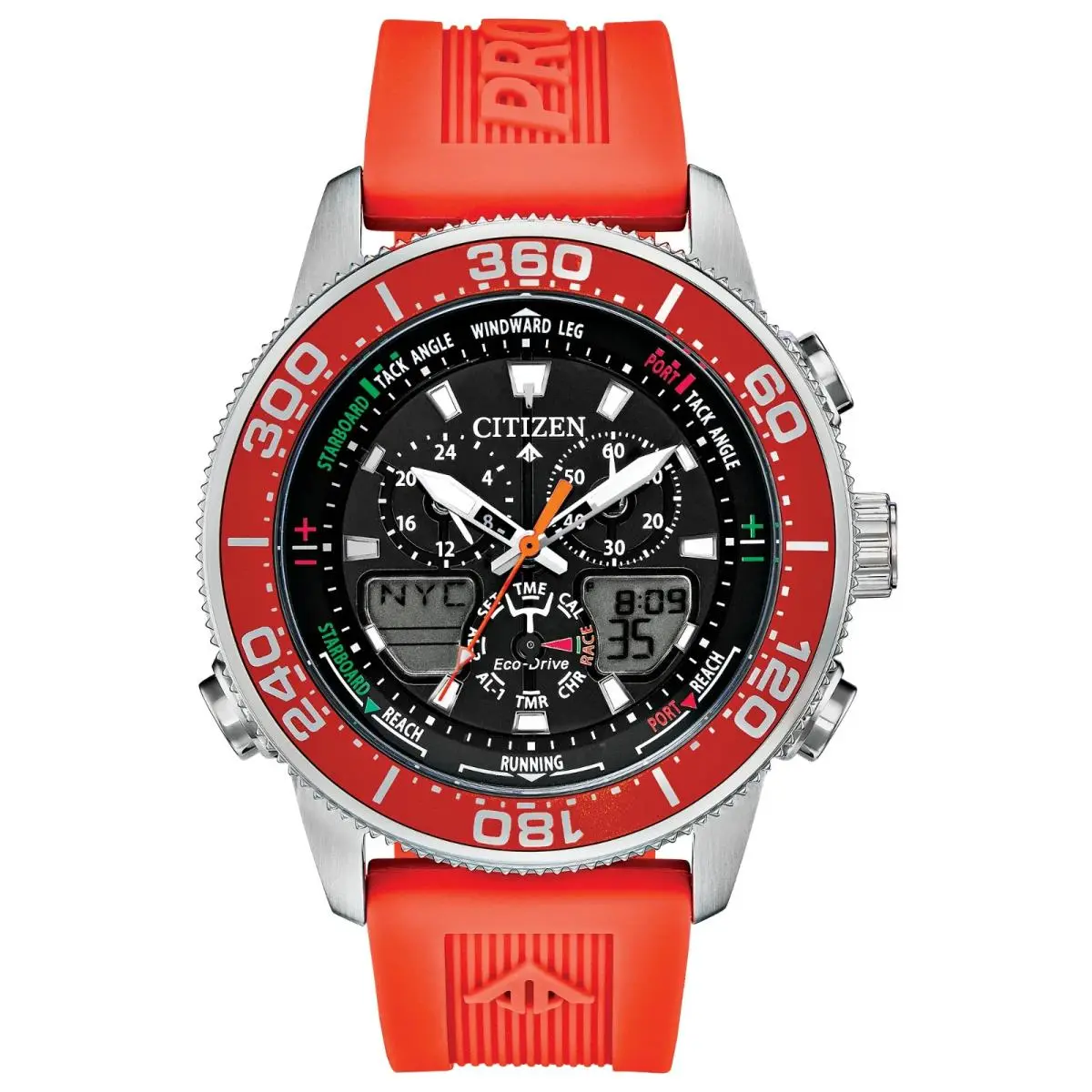 Citizen Eco Drive Mans Promaster Sailhawk Orange World Time Watch JR4061-00F - Dial: Black, Band: Orange, Bezel: Orange