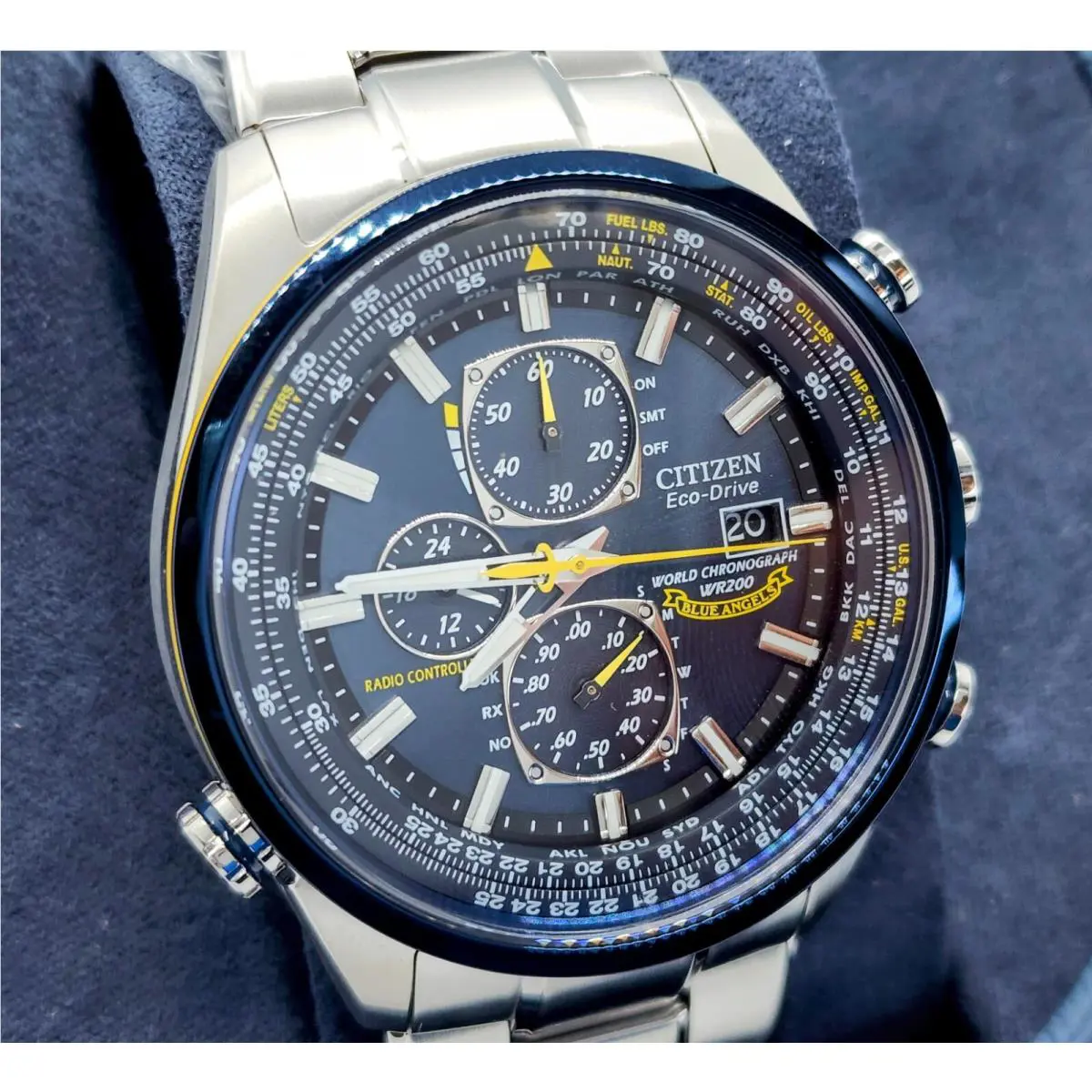 Citizen Blue Angels World Chronograph AT8020-54L Eco Drive Men`s Watch - Dial: Blue, Band: Silver, Bezel: Blue