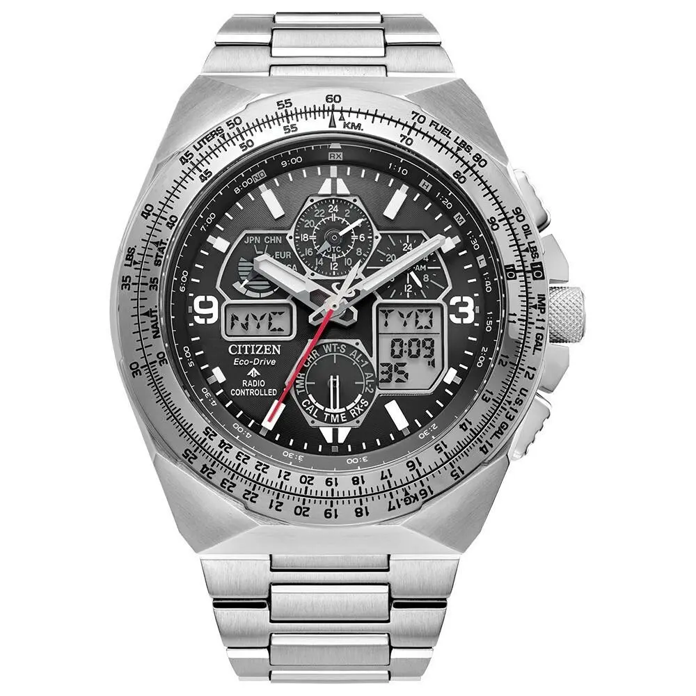 Men`s Air Chronograph Calendar Eco-drive Silver Watch 46 MM JY8120-58E by Citizen