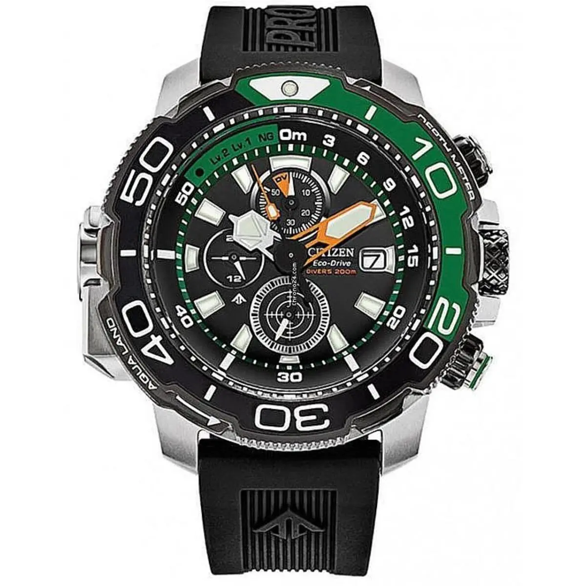 Citizen BJ2168-01E Men`s Promaster Aqualand Diver`s Depth Meter Watch - Dial: Black, Band: Black, Bezel: Black