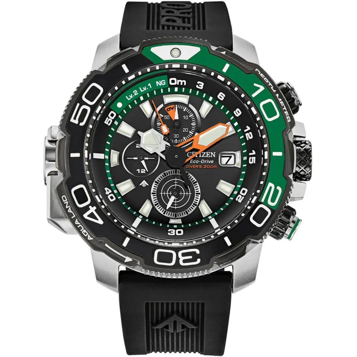 Citizen BJ2168-01E Men`s Promaster Aqualand Diver`s Depth Meter Watch - Dial: Black, Band: Black, Bezel: Black