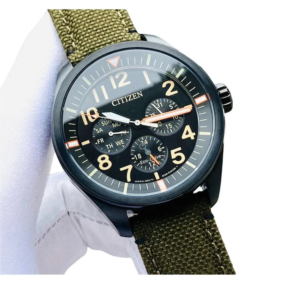 Citizen Black Dial Date Day Stainless Steel Nylon Strap BU2055-16E Men`s Watch - Dial: Black, Band: Green, Bezel: Black