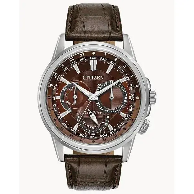 Citizen Calendrier Mens Brown Dial Leather Stainless Steel 44mm Watch BU2020-29X