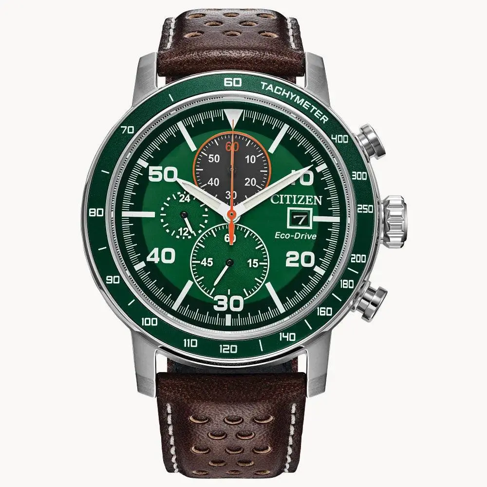 Citizen Brycen Green Dial Brown Leather Band CA0851-05X Eco-drive Men`s Watch