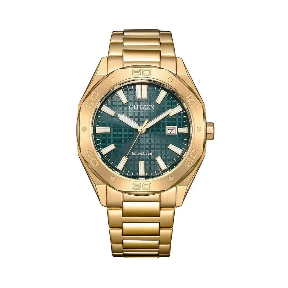 Citizen Men`s Octangle Eco-drive Green Dial Gold Tone Watch - BM7633-81X