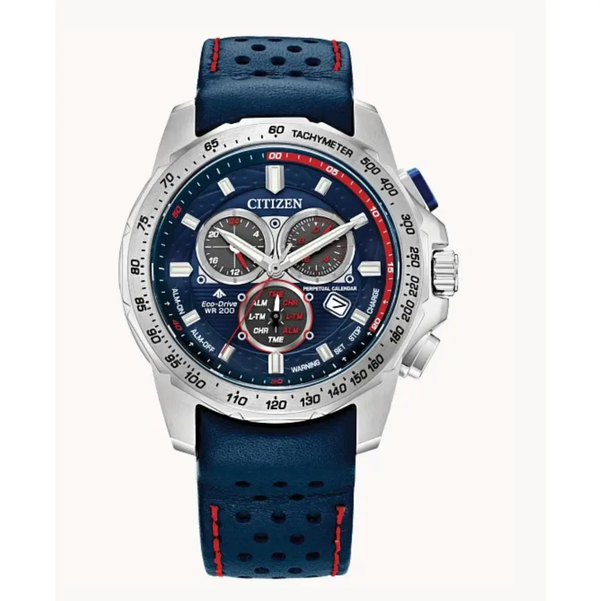 Citizen Promaster MX BL5571-09L Chrono 43 mm Blue Dial Leather Solar Men`s Watch - Dial: Navy Blue, Band: Navy Blue, Bezel: Silver