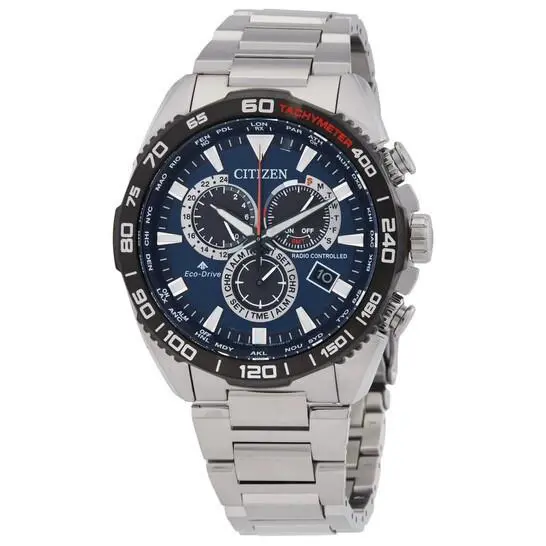 Citizen Land Promaster World Time Chronograph Sapphire Crystal Watch CB5034-82L - Dial: Blue, Band: Silver, Bezel: Black