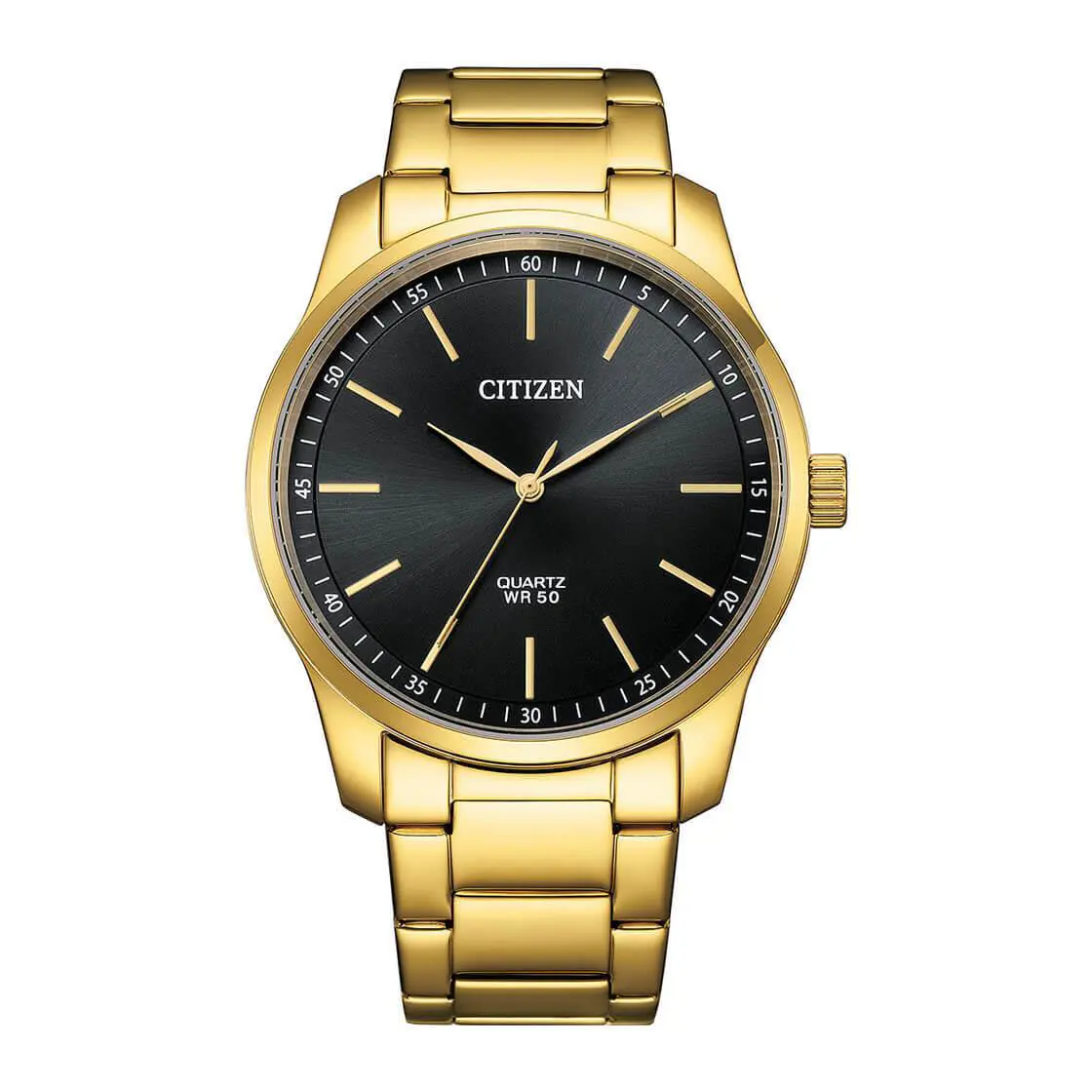 Citizen Quartz Black Dial Analog Men`s Gold Bracelet Watch INT-BH5002-53E - Black, Dial: Black, Band: Gold