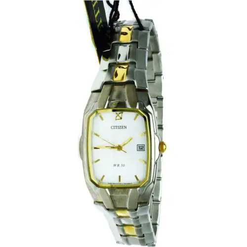 Citizen Square Two Tone S/steel Case Band White Dial Date Watch 50M Water R