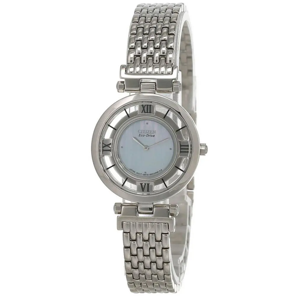 Citizen Stiletto Eco Drive Blue Mop Dial SS Women`s Watch EG3080-55N - Dial: Blue Mother of pearl, Band: Silver, Bezel: Silver