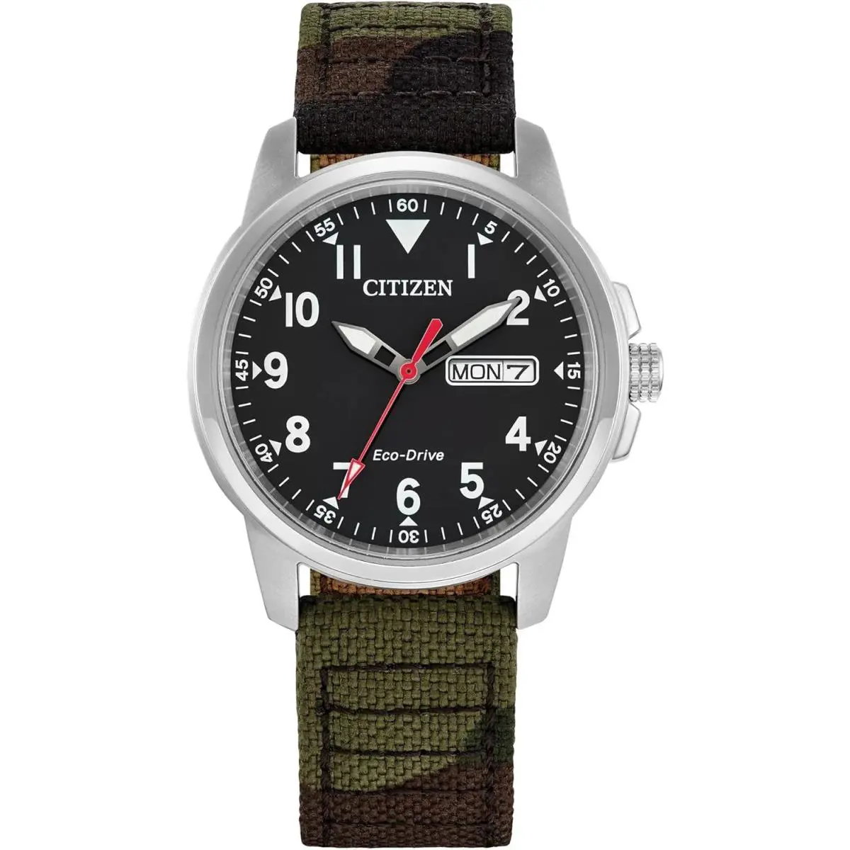 Citizen Eco-drive Garrison Militiary Inspired Camo Strap Men`s Watch BM8188-01E - Dial: Black, Band: Green, Camouflage, Bezel: Silver