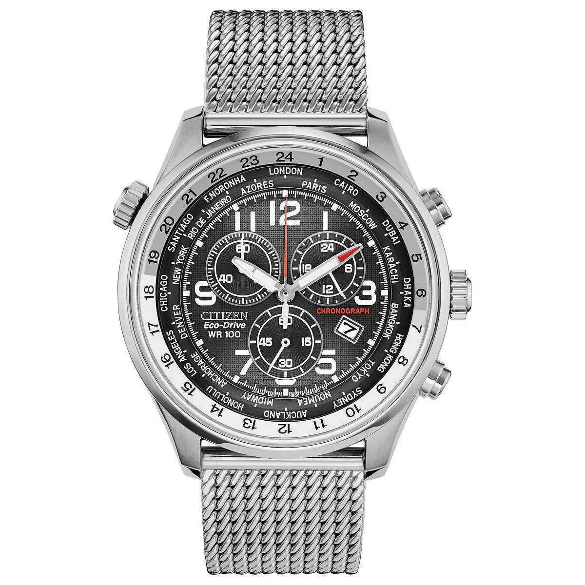 Citizen AT0361-81E Eco-drive Chronograph Stainless Mesh Band Mens Watch - Dial: Black, Band: Silver