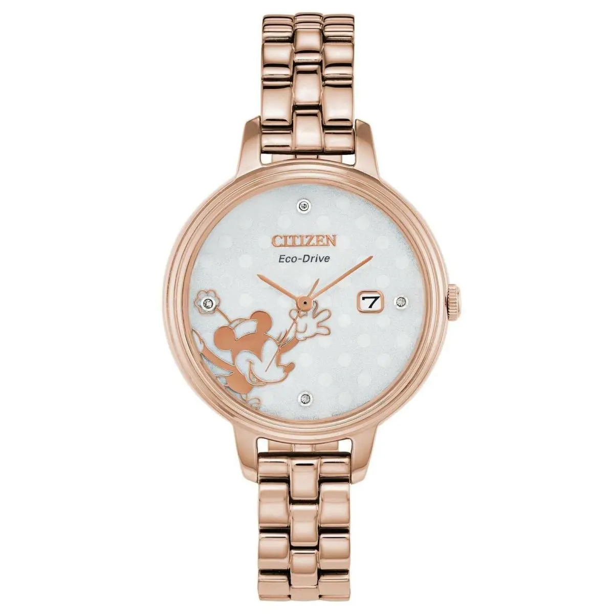 Citizen EW2448-51W Eco-drive Disney Minnie Mouse Diamond Rose Gold Tone Watch - Dial: Mother-of-pearl, Band: rose gold, Bezel: Rose Gold