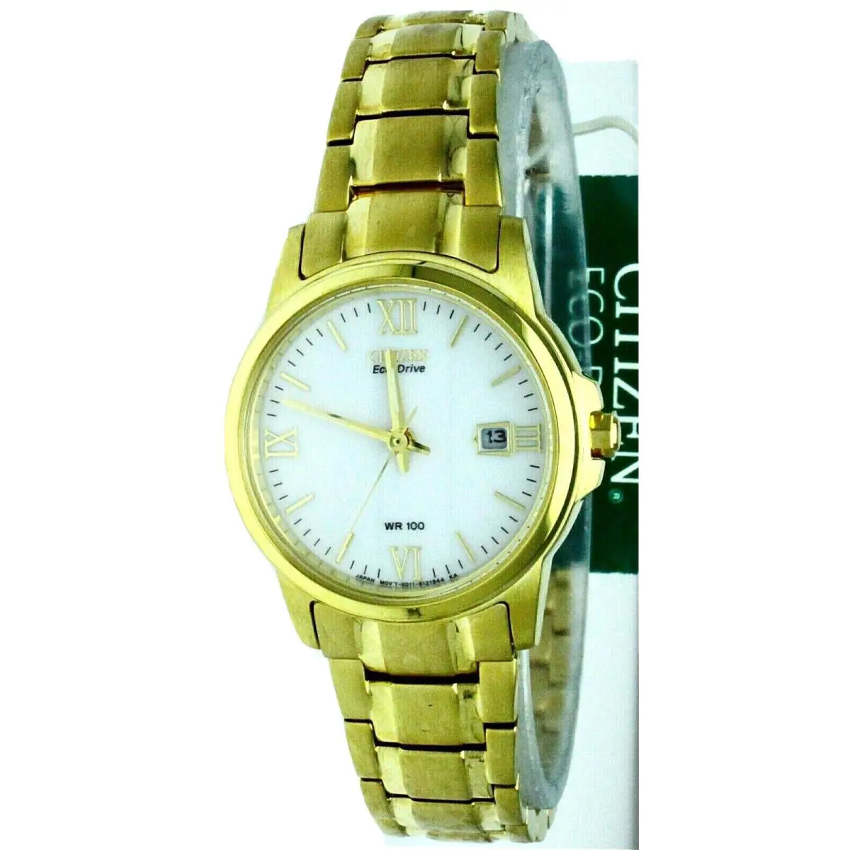 Ladies Citizen Eco Drive S Steel Gold Plated White Face Watch Date WR 100 M