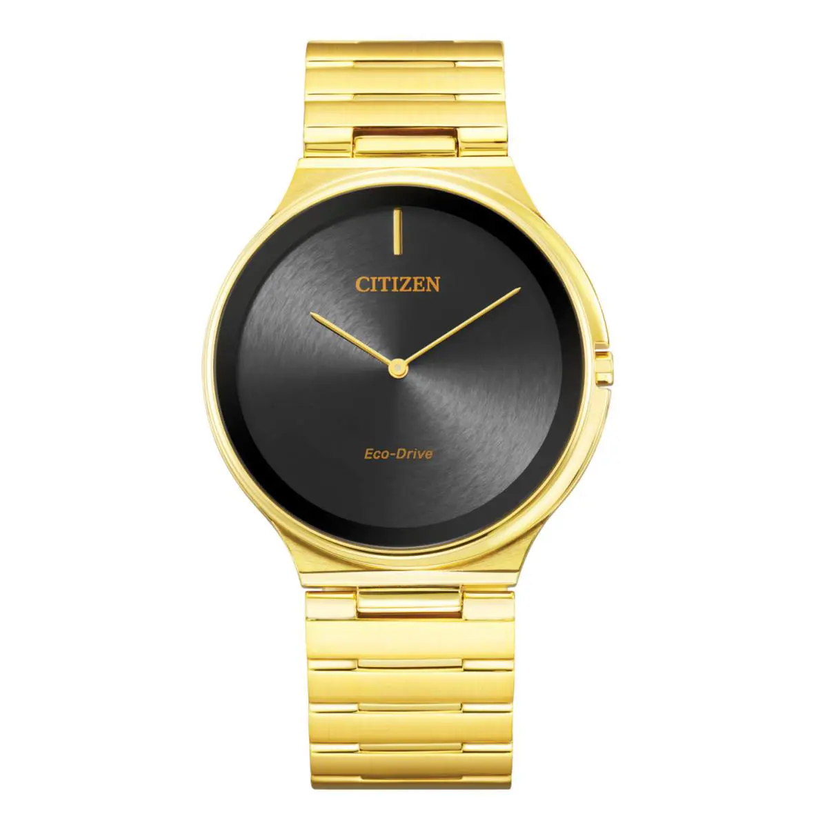 Citizen AR3112-57E Stiletto Eco-drive Stainless Steel Gold Tone Slim Men`s Watch - Dial: Black, Band: Gold, Bezel: Gold