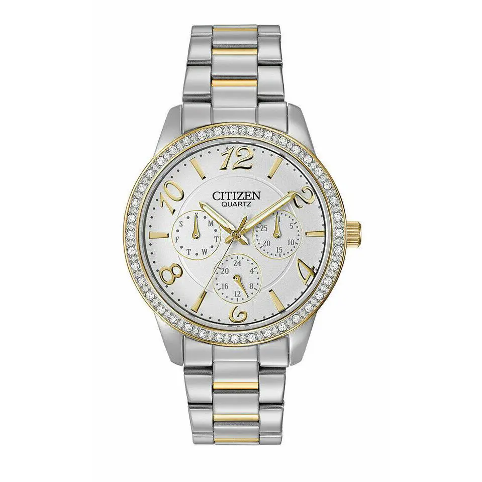 ED8124-53A Two Tone Silver White Day Date Dial Womens Crystal Watch by Citizen
