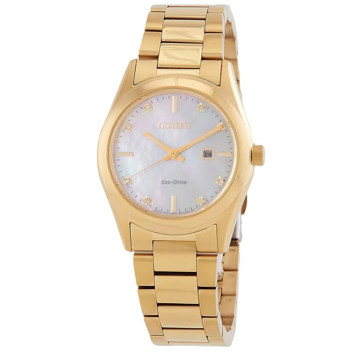 Citizen Women`s Sport Luxury Date Gemmed Eco-drive Gold Watch 33 MM EW2702-59D - Dial: White, Band: Gold