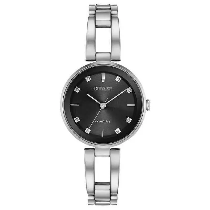Citizen EM0636-55F Axiom Eco-drive Black Dial Diamond Steel Women`s Watch - Dial: Black, Band: Silver