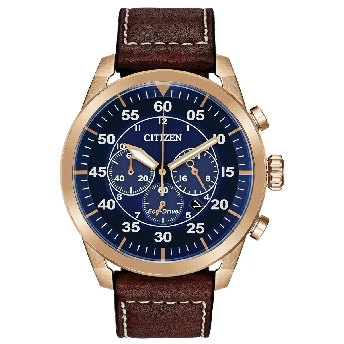 Citizen Avion Chronograph Eco-drive Blue Dial Men`s Watch CA4213-18L - Dial: Brown, Blue, Band: Brown, Bezel: Rose Gold-tone