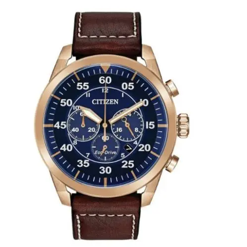 Men`s Citizen Eco-drive Avion Leather Strap Blue Dial Watch – CA4213-18L - Dial: Brown, Blue, Band: Brown