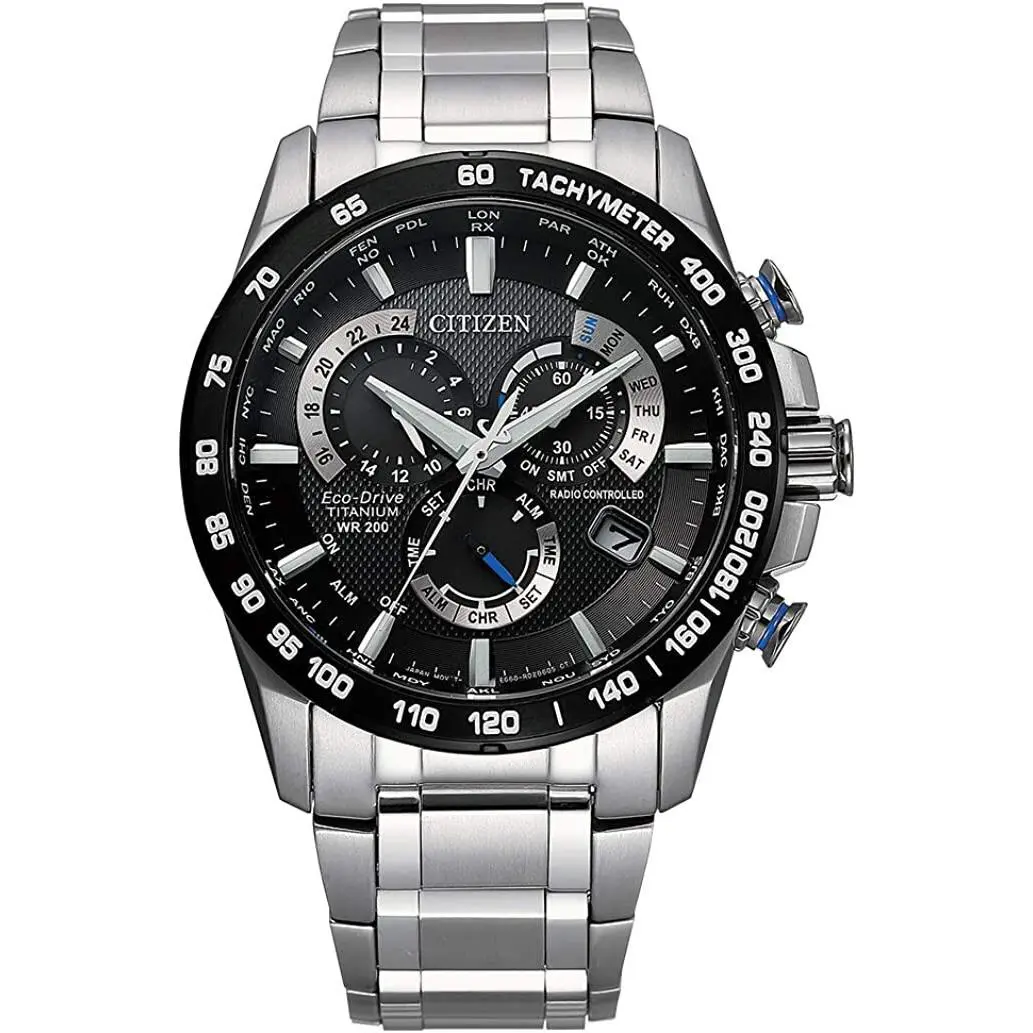Citizen CB5908-57E Eco-drive Atomic Chronograph Tachymeter Titanium Watch 095 - Dial: Black, Band: Silver, Bezel: Silver