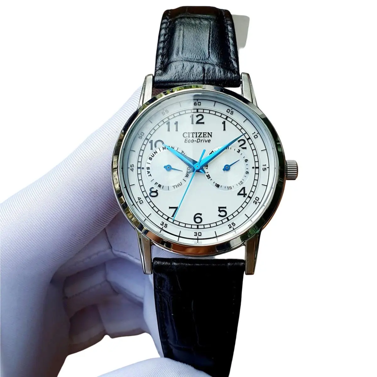 Citizen Corso Date Day Silver Dial AO9000-06B Leather Strap Men`s Watch