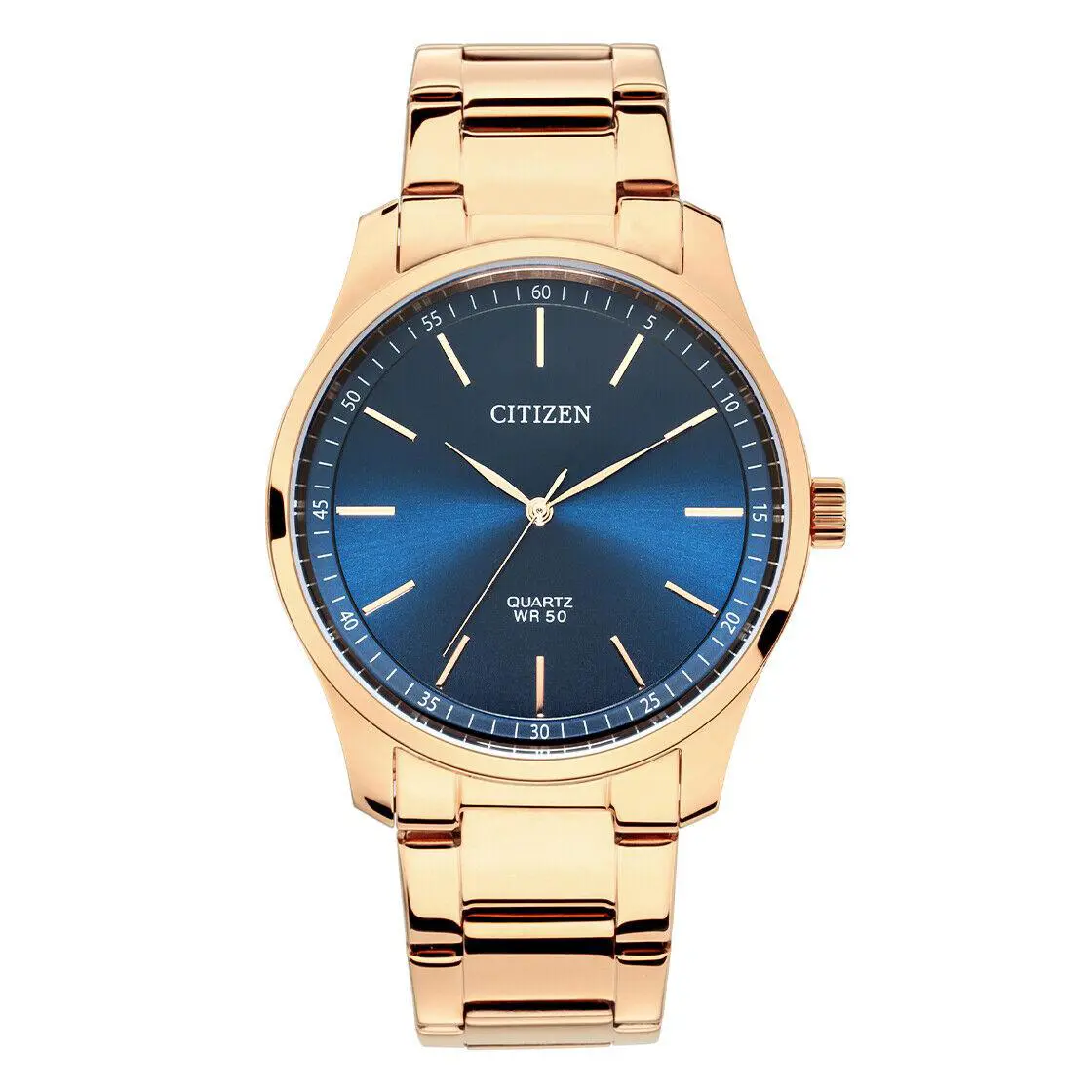 Citizen Quartz Blue Dial Analog Men`s Rose Gold Bracelet Watch INT-BH5003-51L