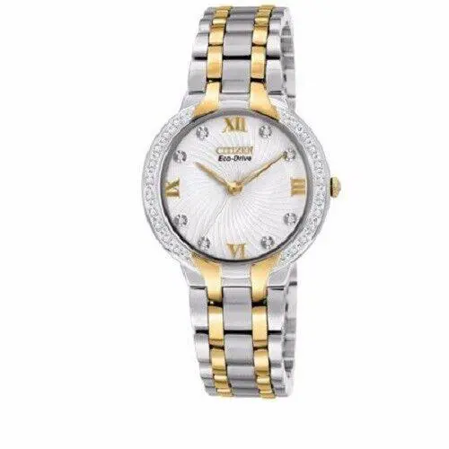 Citizen EM0124-57B Eco Drive Diamond Gold Silver Tone Women`s Watch - Dial: White, Band: Gold, Silver