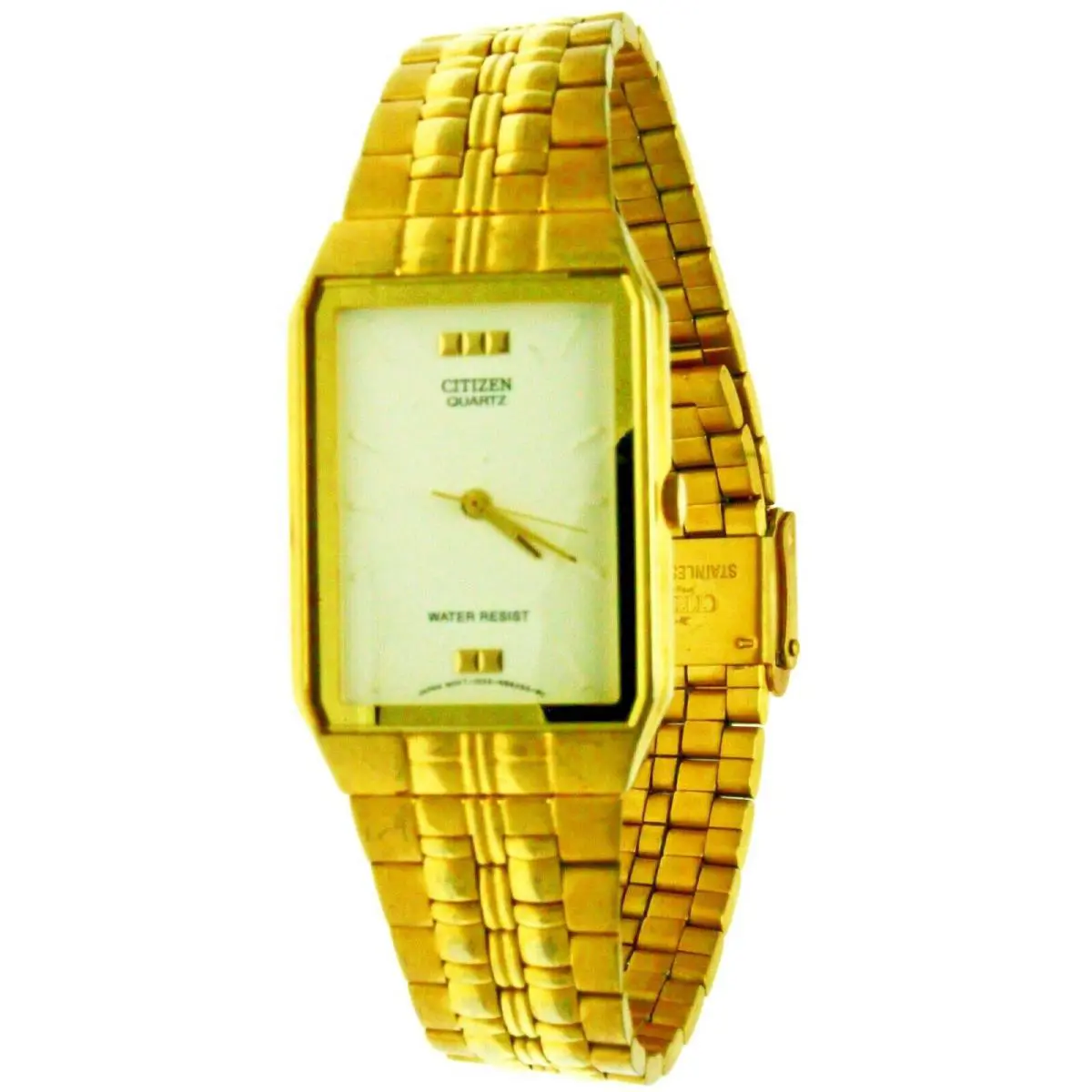 Quartz Rare Rectangular Citizen Gold Tone Band S/ Steel WR Wristwatch R86293