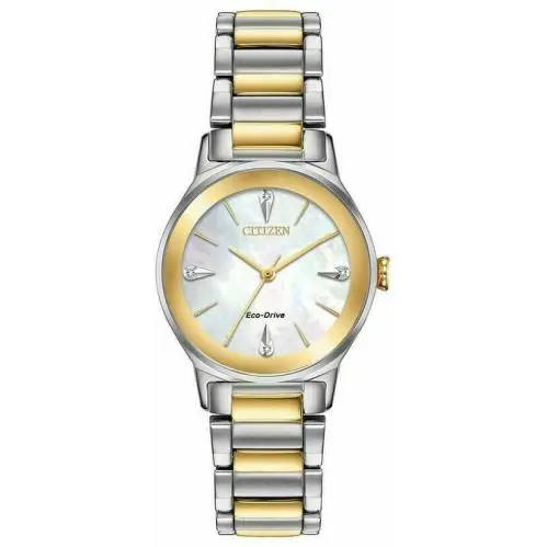 Citizen EM0734-56D Diamond Mother of Pearl Dial Stainless Axiom Ladies Watch - Dial: Mother-of-pearl, Band: Gold, Silver, Bezel: Gold