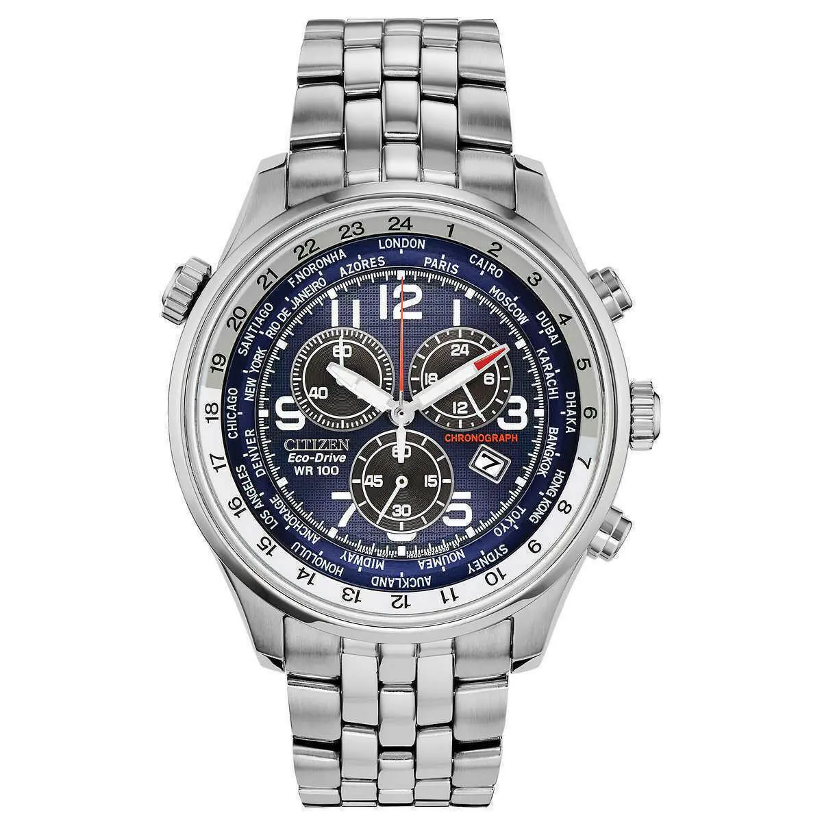 Citizen AT0361-57L Brycen Eco-drive World Time Chronograph Men`s Watch - Dial: Blue, Band: Silver