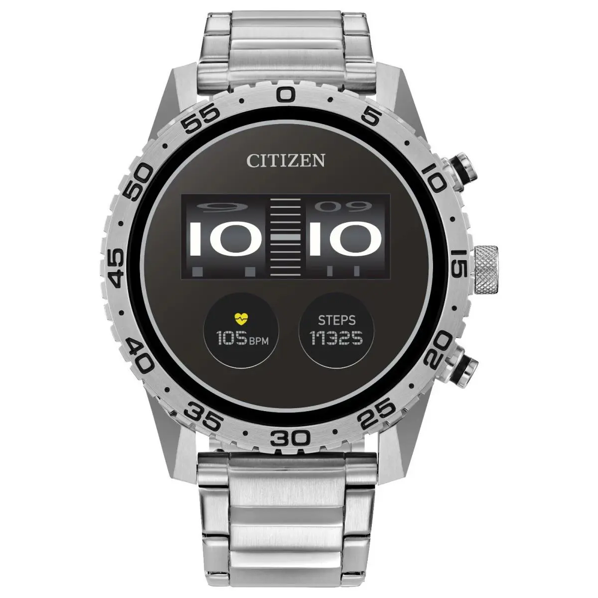 Citizen CZ Touchscreen Silver Stainless Steel Smart Watch 44MM MX1010-59X - Dial: Black, Band: Silver, Bezel: Black