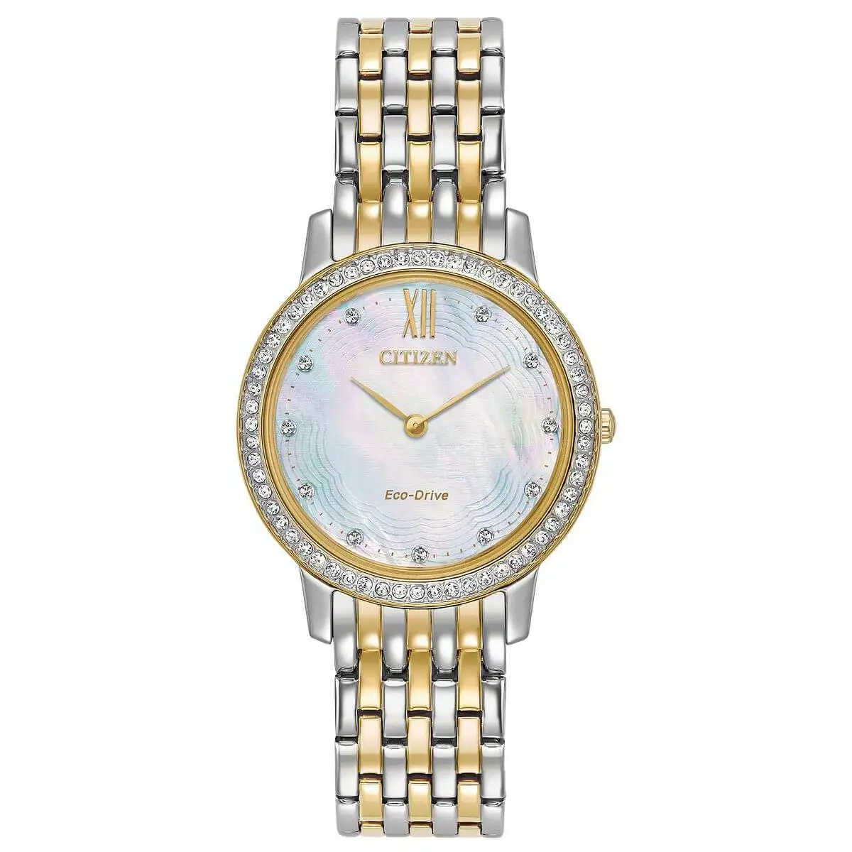 Citizen Silhouette Crystal EX1484-57D Ladies 29mm Watch - Dial: Mother of Pearl, Band: Two Tone Gold/Silver, Bezel: Gold